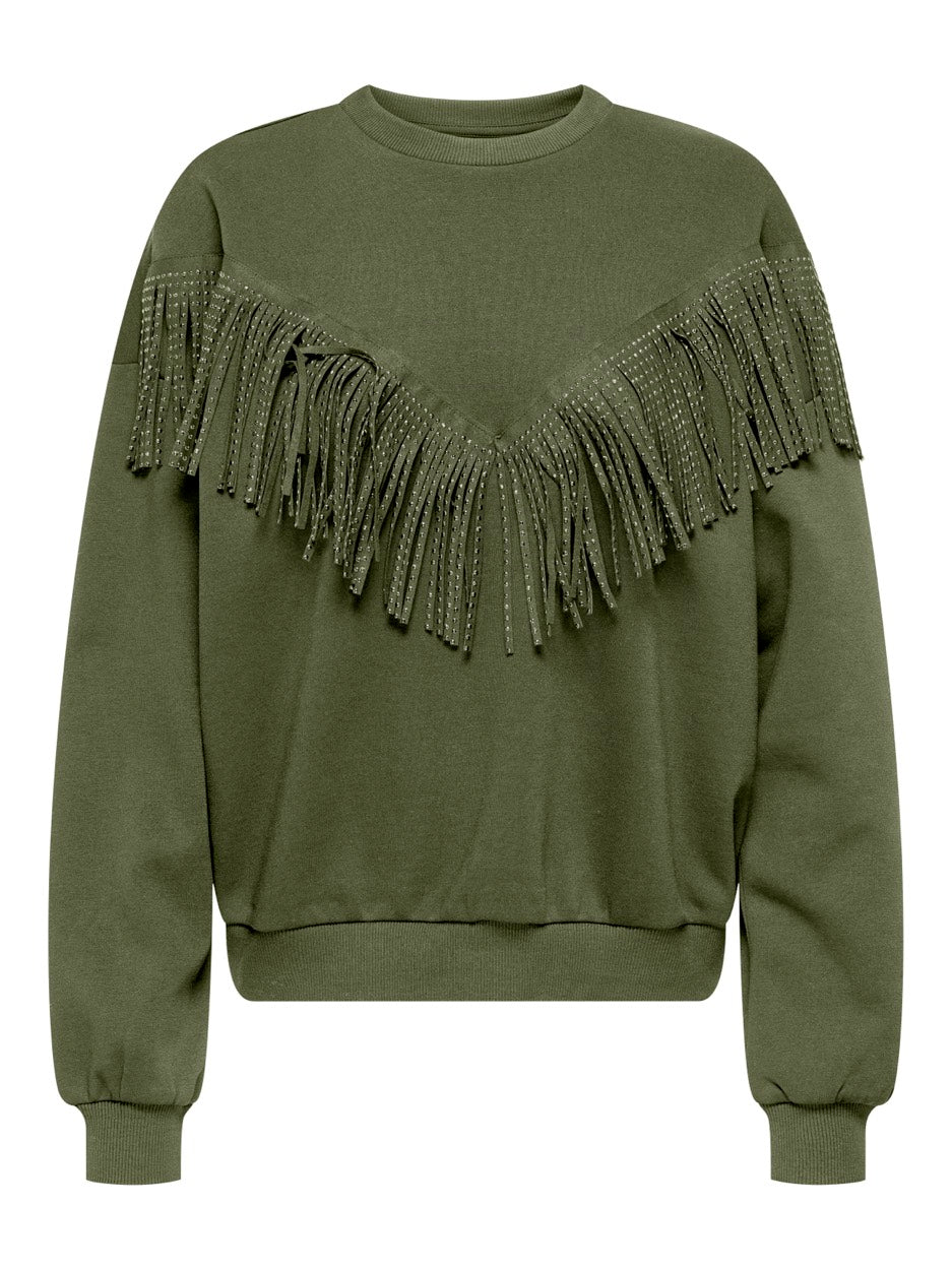 Onlfrey L/s O-neck Fringe Swt - Army