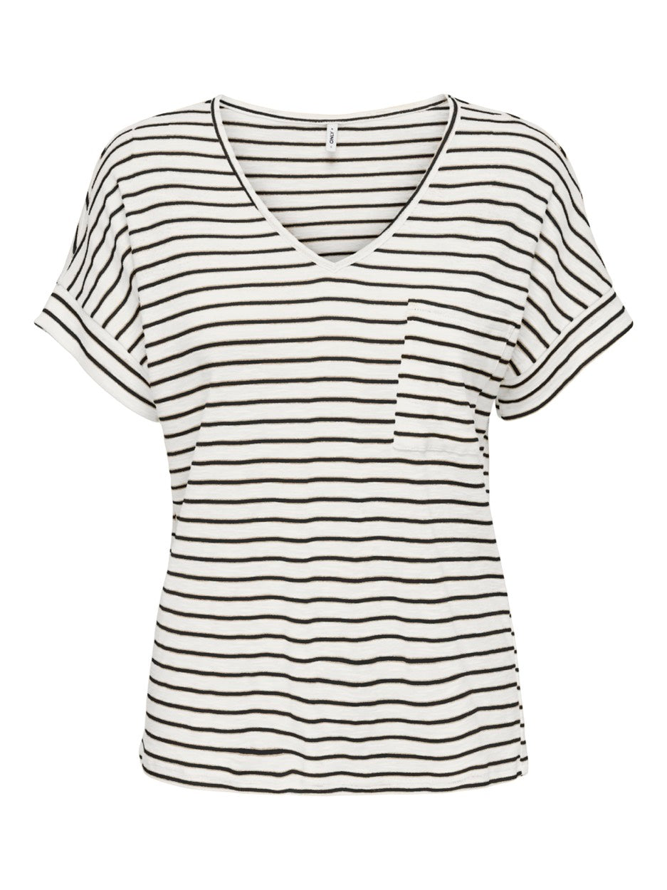 Onliben S/s Moster V-neck Glitter T - Ecru Dessin