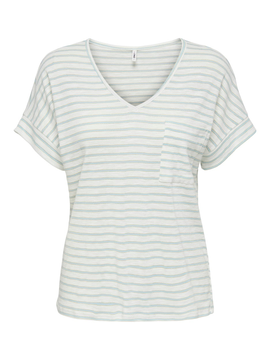 Onliben S/s Moster V-neck Glitter T - Ecru Dessin