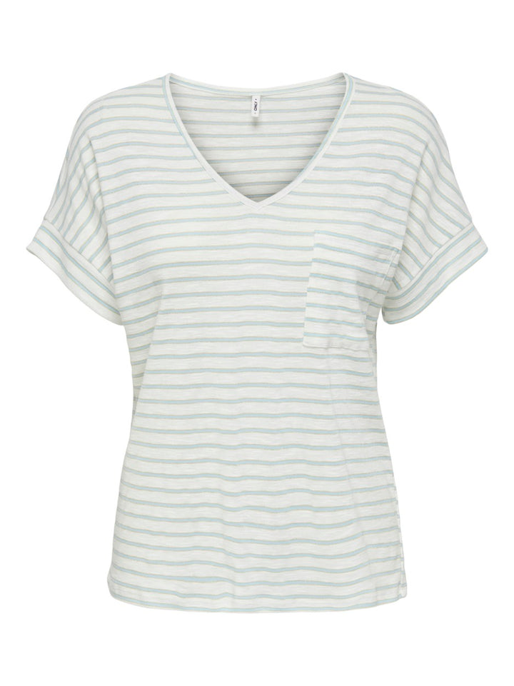 Onliben S/s Moster V-neck Glitter T - Ecru Dessin