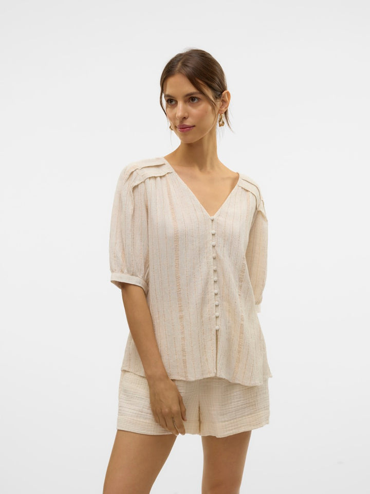 Vmdahlia S/s V-neck Shirt Wvn Btq - Ecru Dessin