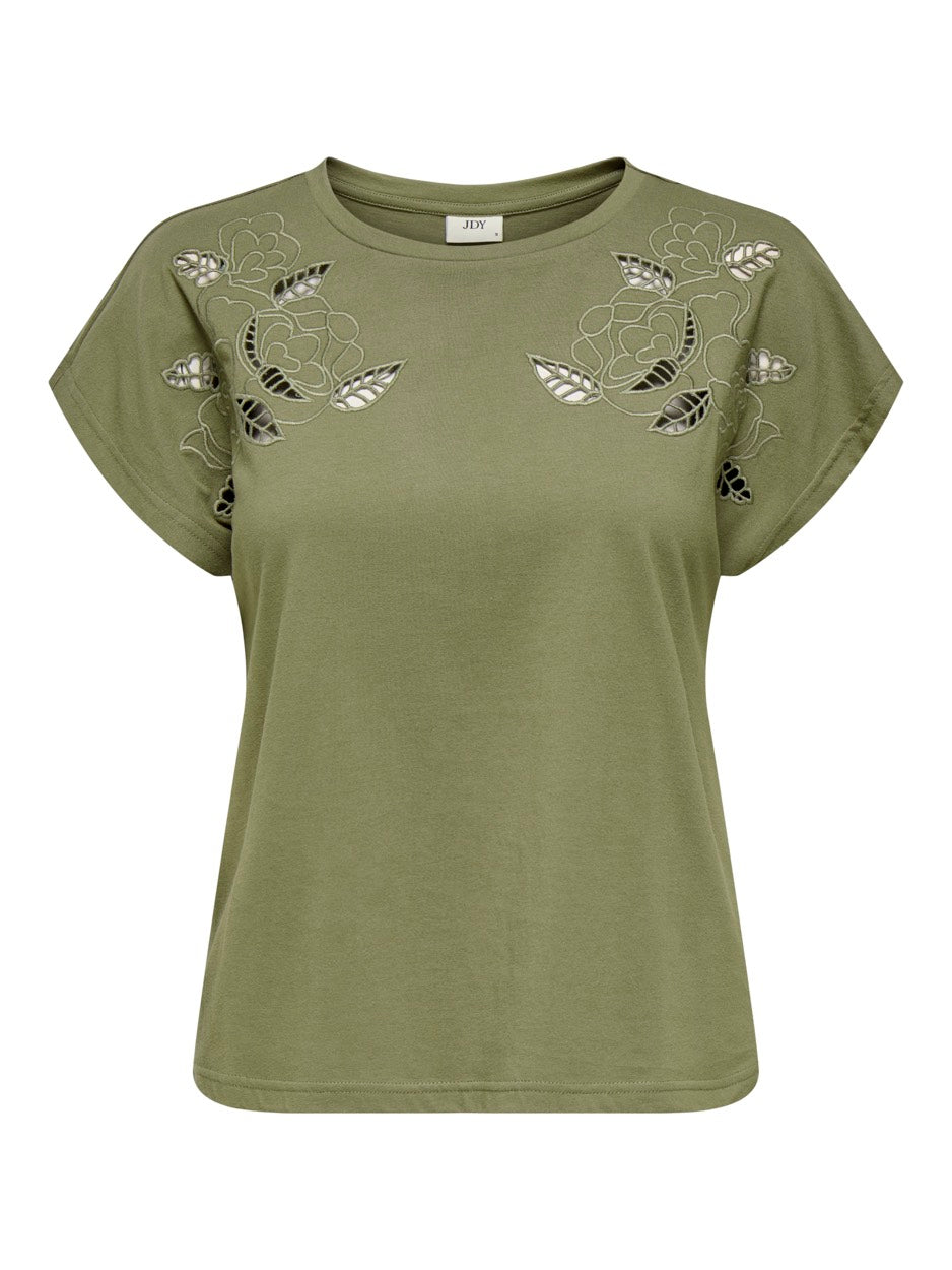 Jdyrose Ss O-neck Emb Top - Army