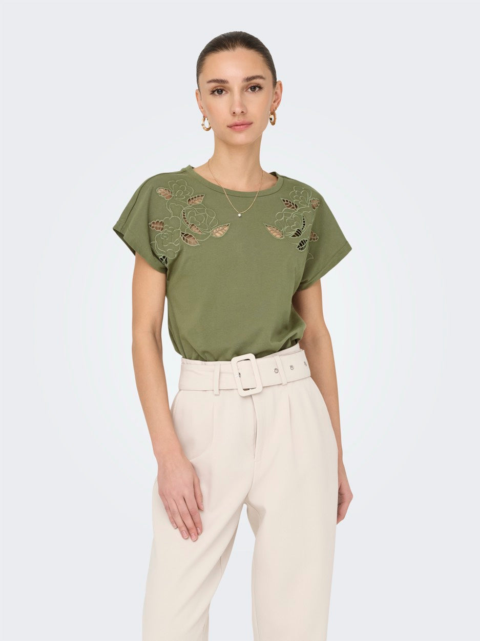 Jdyrose Ss O-neck Emb Top - Army