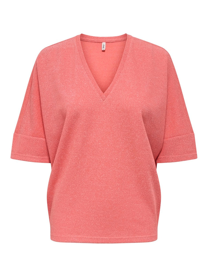 Onlivy S/s Glitter V-neck Top Cs Jr - Koraal Rood