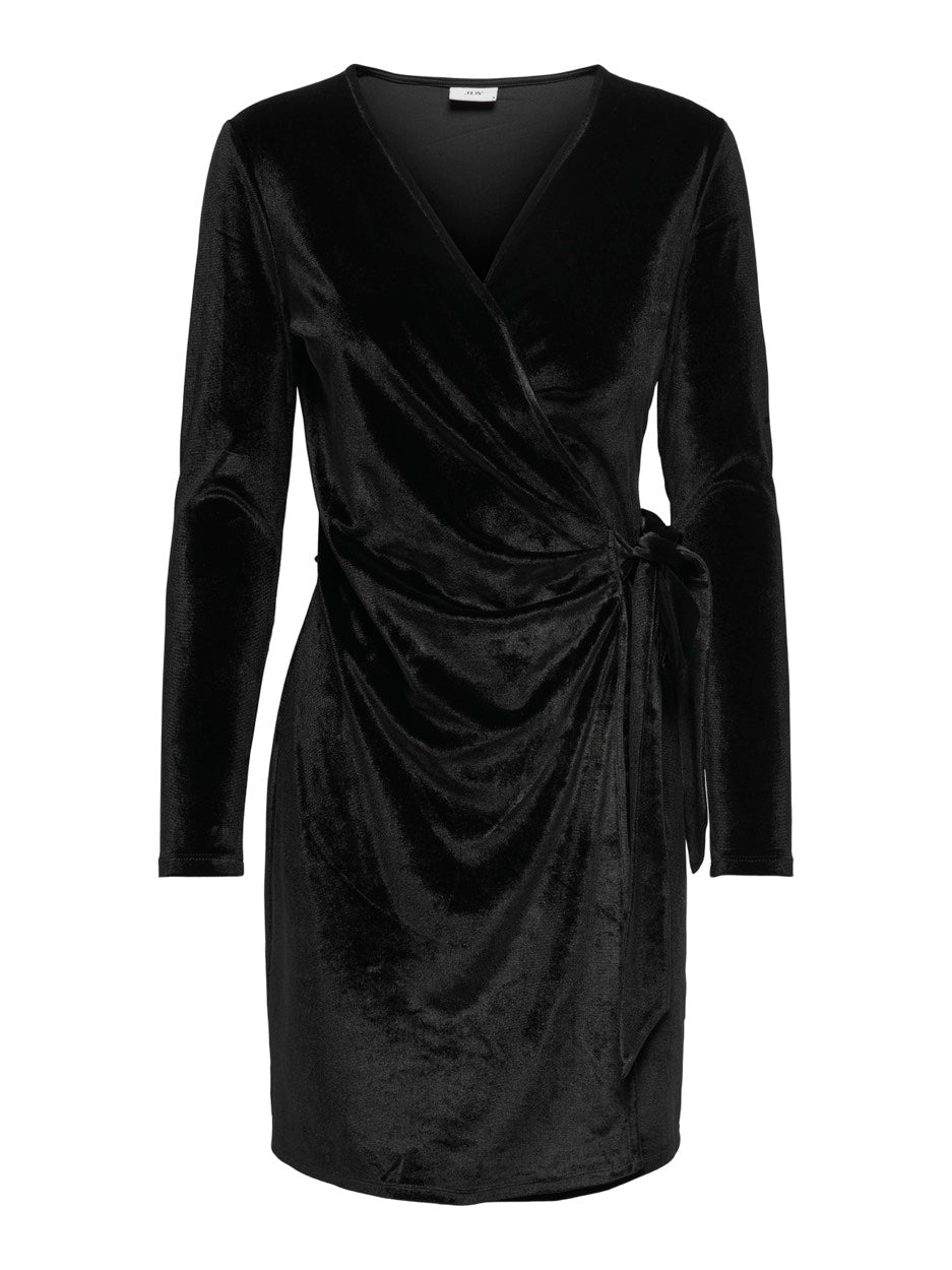 Boohoo Zwart Satijnen Jurkje Jdysandy L/s Velvet Wrap Dress Jrs