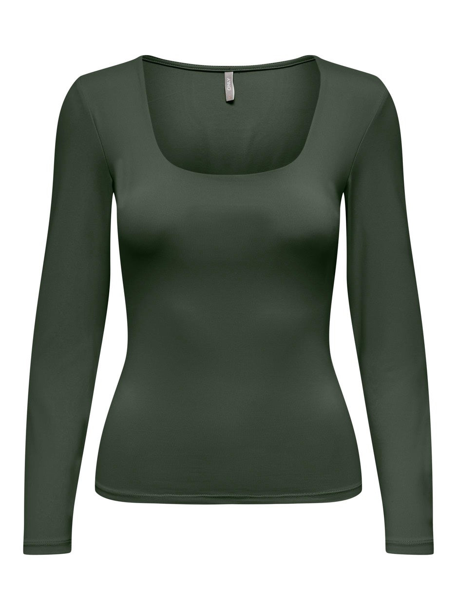 Onlea L/s Deep Neck Top Jrs Noos - Donkergroen