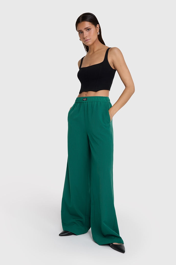 Ladies Woven Pin Stripe Wide Leg Pants - Groen Dessin