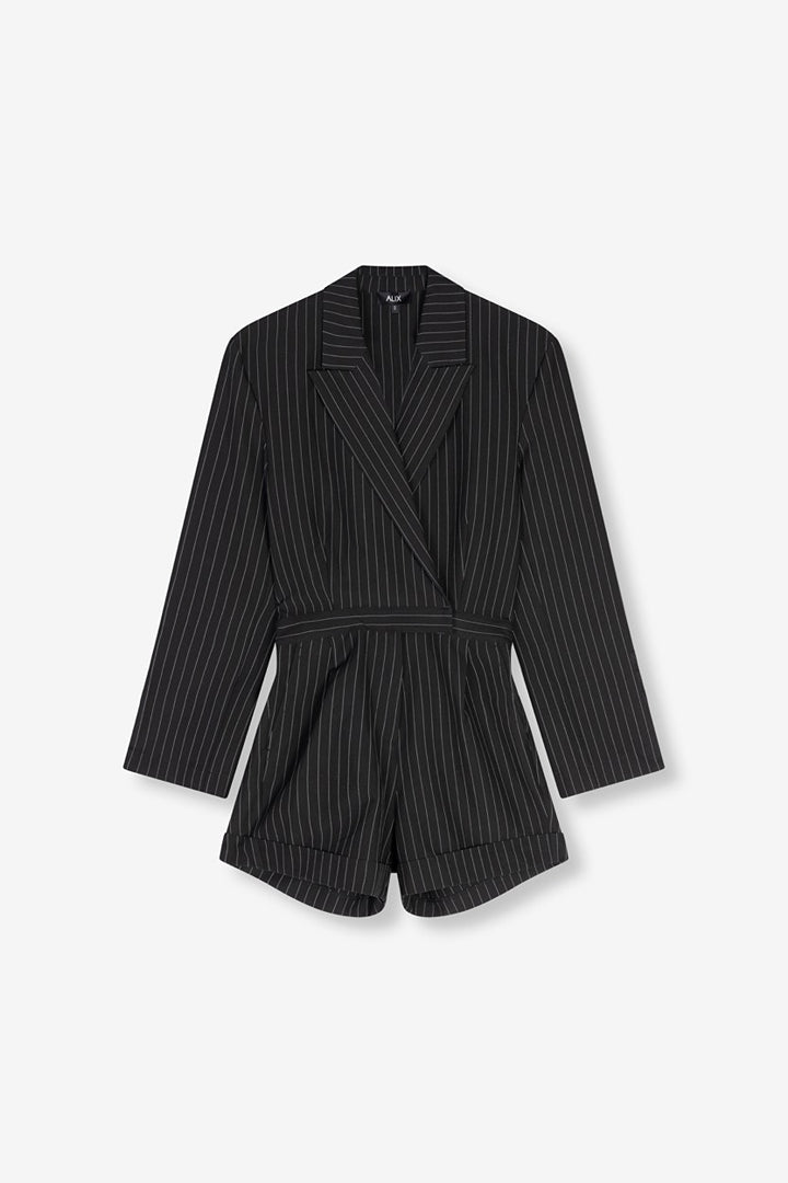 Ladies Woven Playsuit Stripe - Zwart