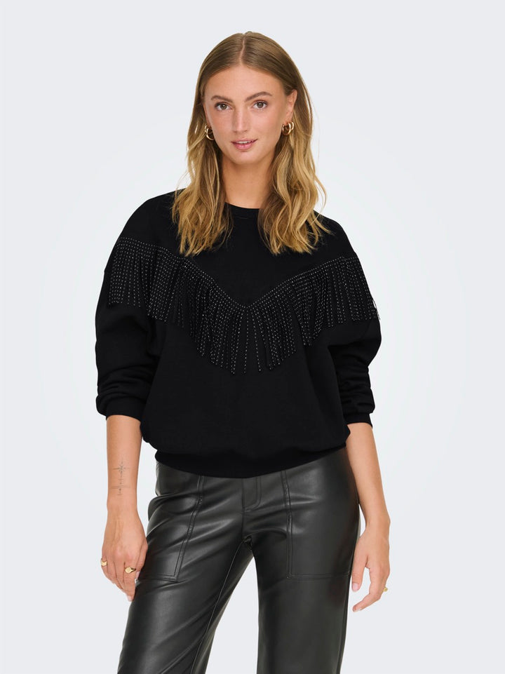 Onlfrey L/s O-neck Fringe Swt - Zwart