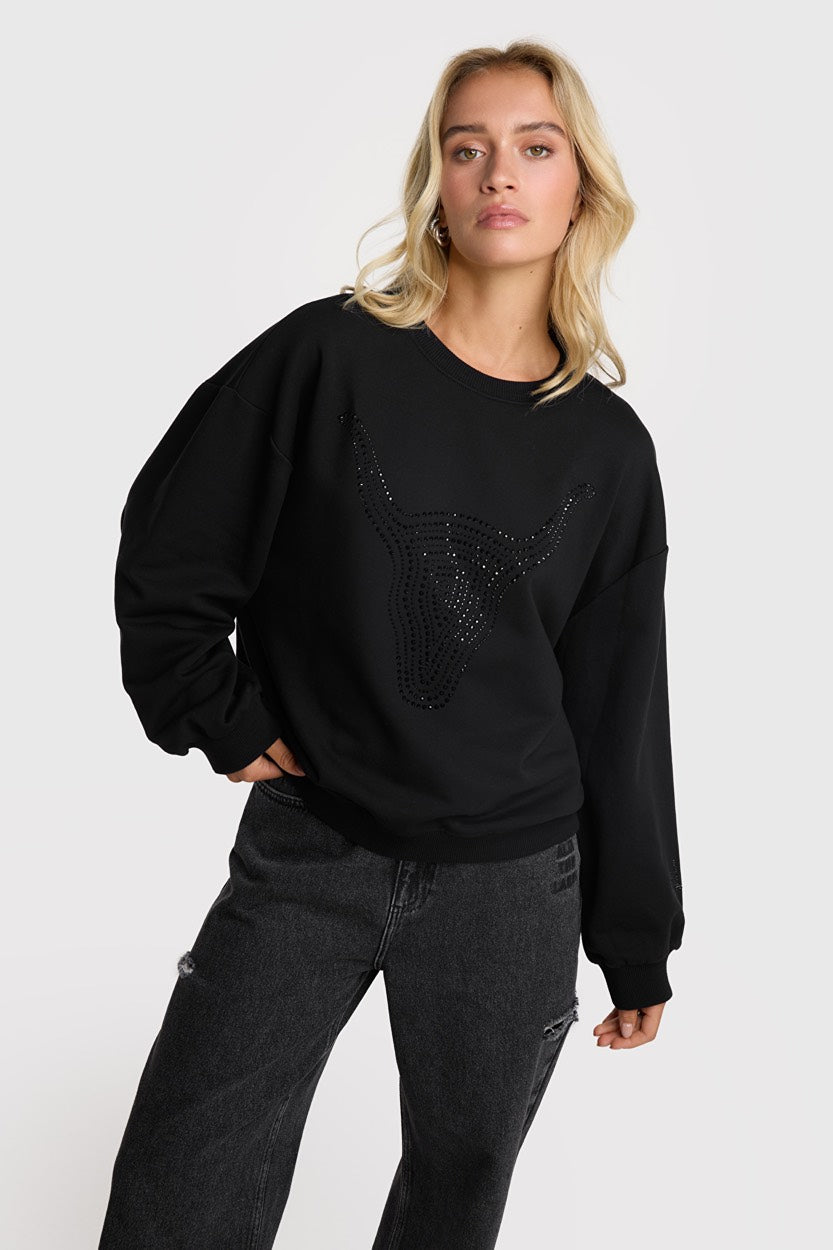 Ladies Knitted Stras Bull Sweater - Zwart