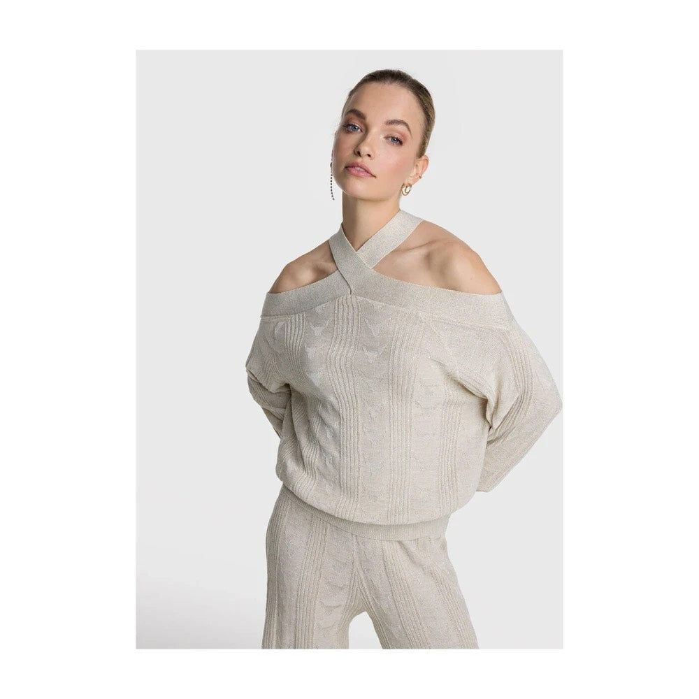 Ladies Knitted Bull Jaquart Crossover Neck  Pullover - Ecru