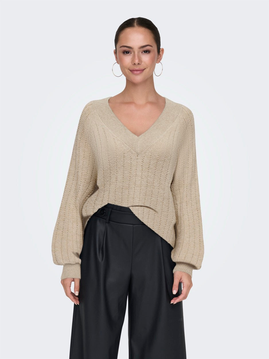 Jdyaspen Life L/s Lurex V-neck Pull - Beige