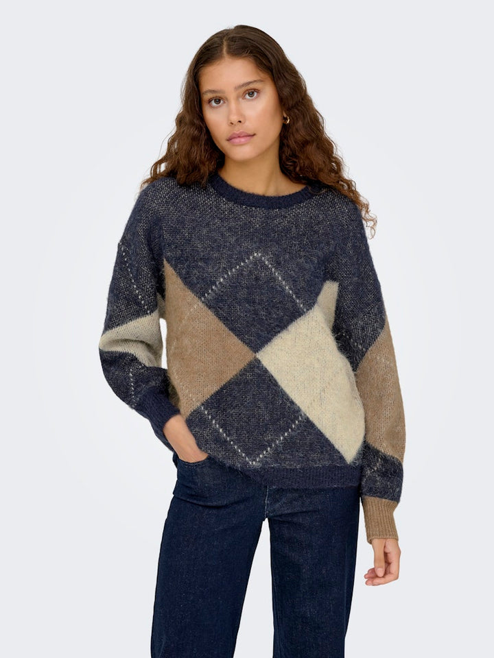 Onlnoeme Life Ls Jq O-neck Knt - Blauw Dessin