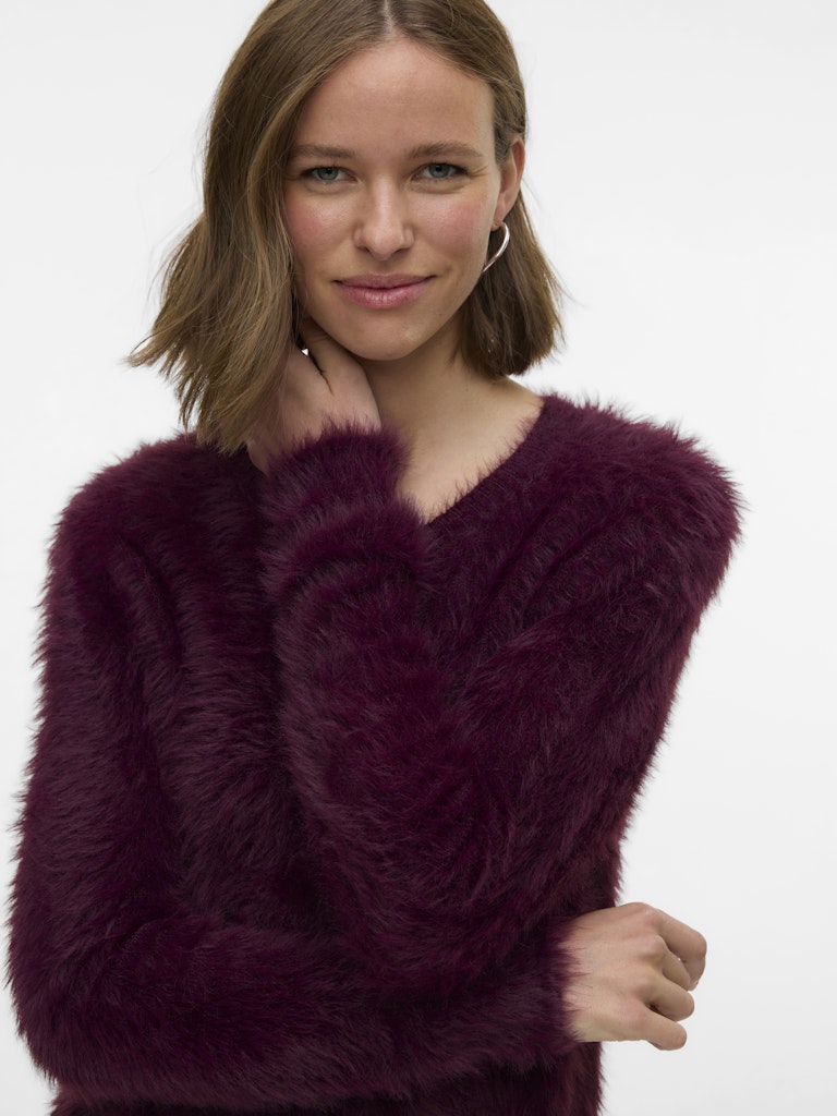 Vmfluffy Ls O-neck Cardigan - Bordeaux