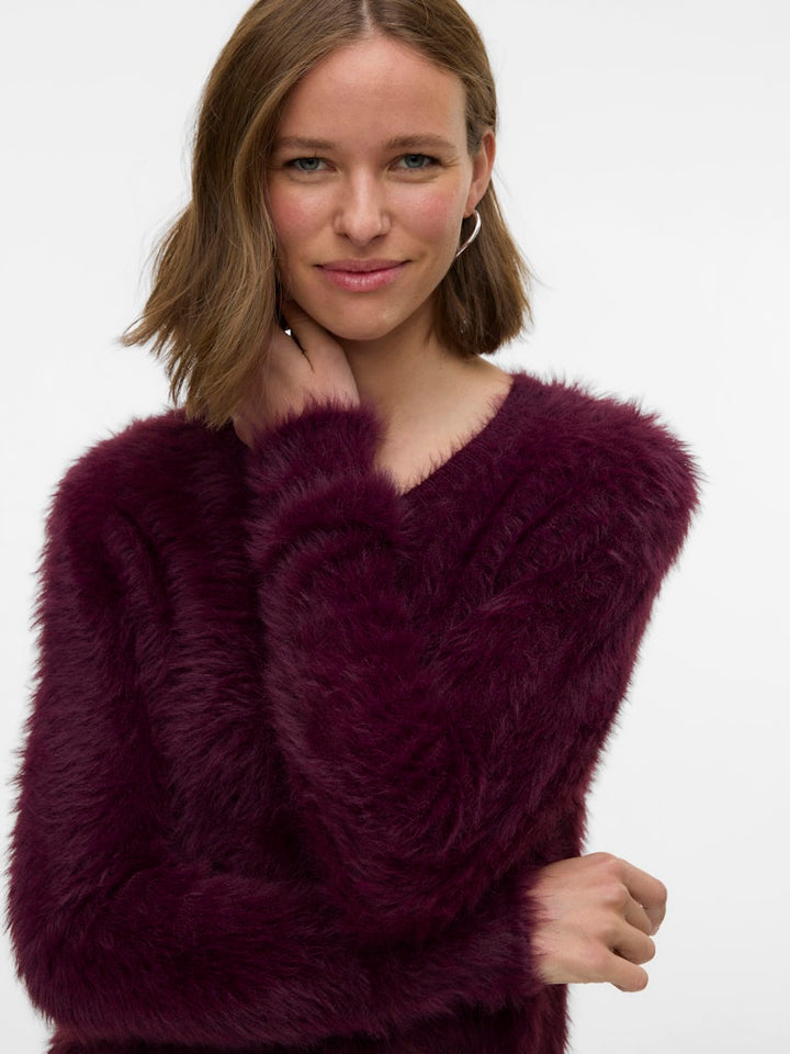 Vmfluffy Ls O-neck Cardigan - Bordeaux