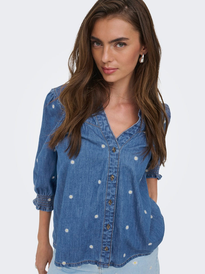 Onlraya Daisy Emb 3/4 Shirt Dnm Akm - Blue Denim