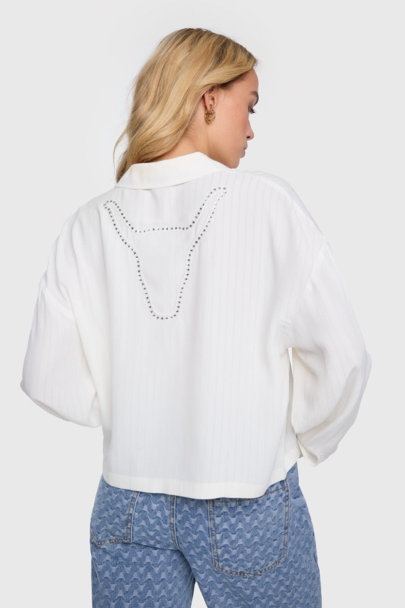 Ladies Woven Stripy Cropped Blouse - Off-white