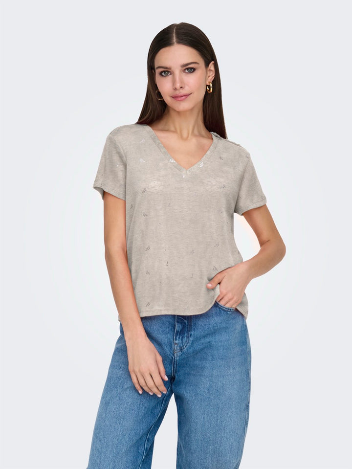 Onlstephi S/s Aop V-neck Top Jrs - Zand Dessin