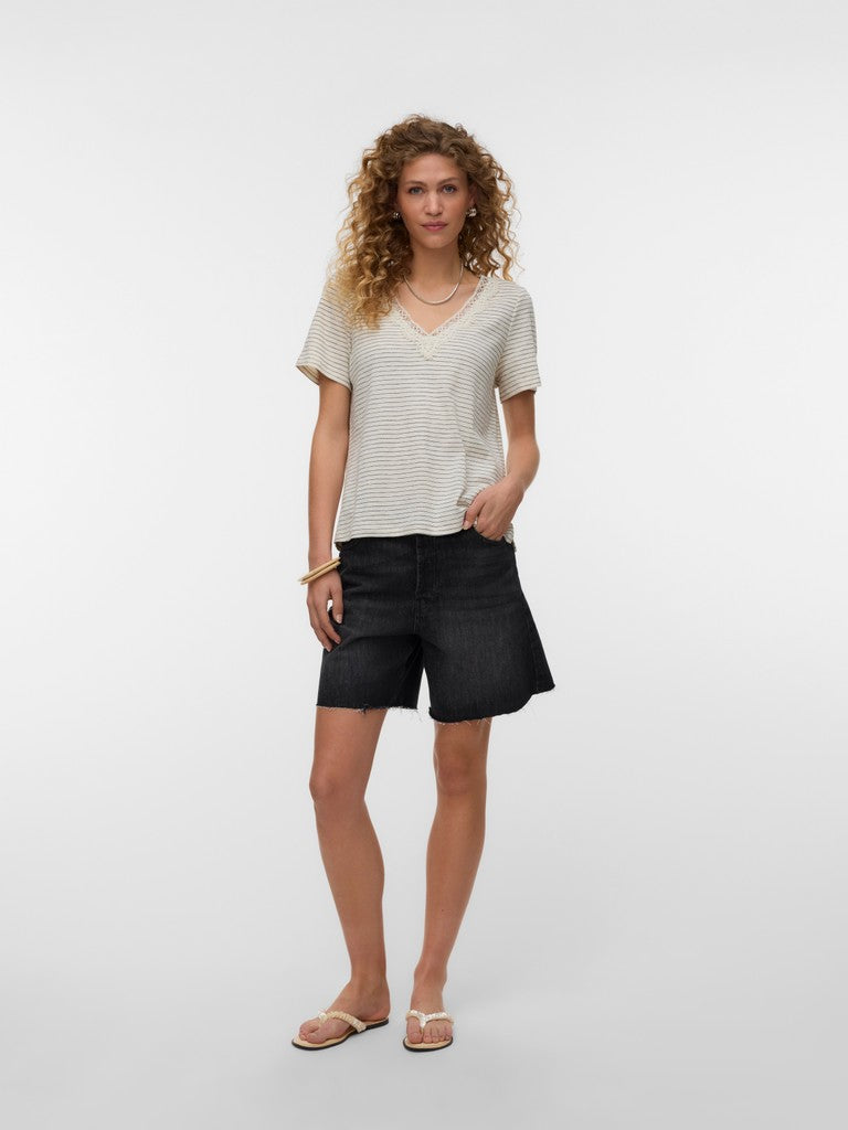 Vmkaroline S/s V-neck Top Jrs Btq - Ecru Dessin