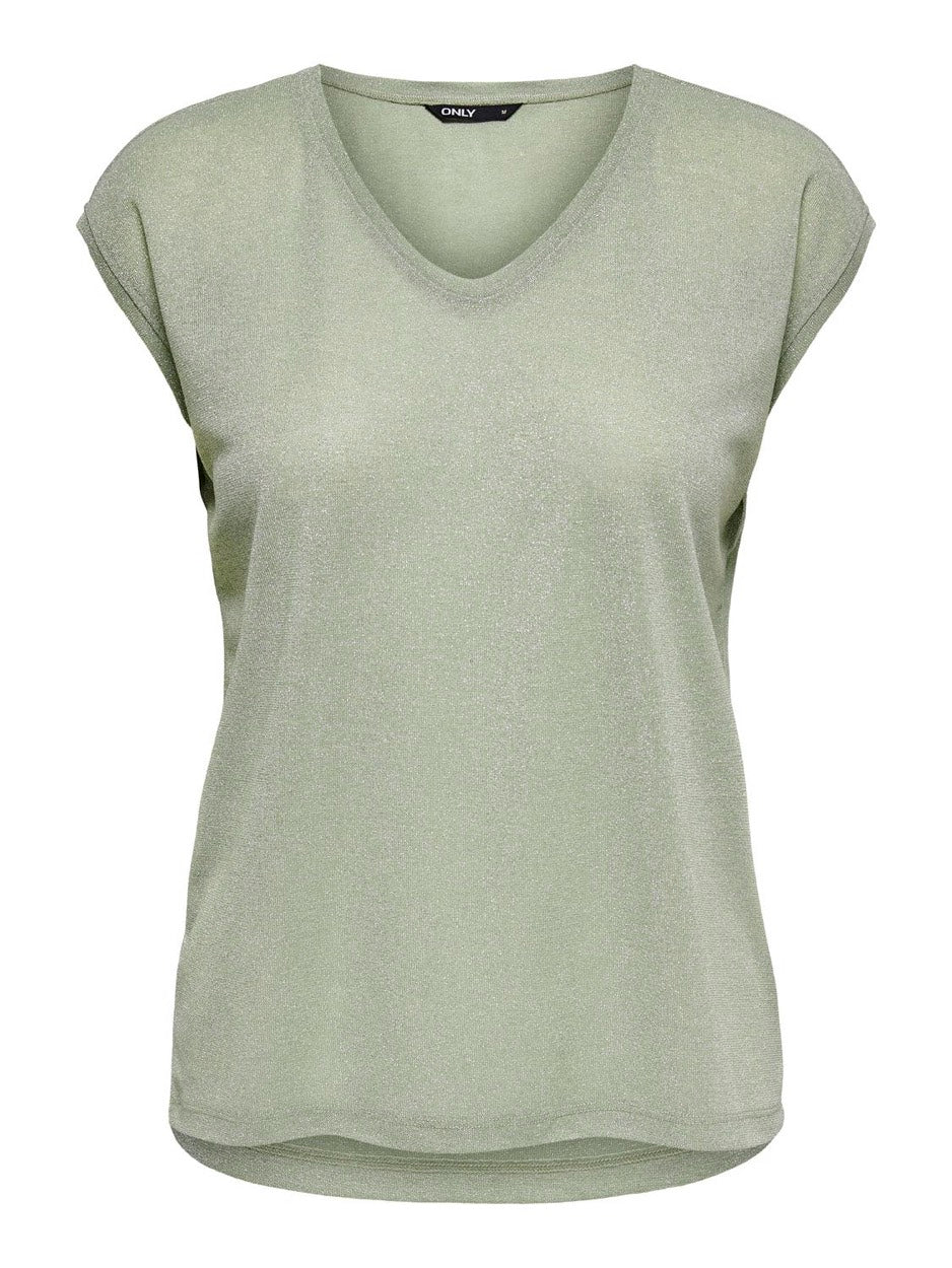 Onlsilvery S/s V Neck Lurex Top Jrs - Olijf