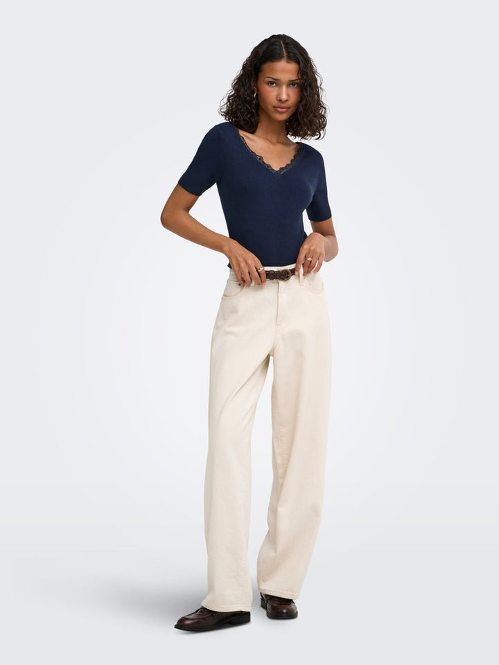 Jdynanna S/s Revers Lace Pullover Knt - Navy