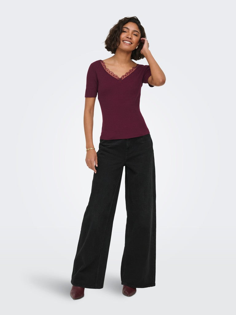 Jdynanna S/s Revers Lace Pullover Knt - Bordeaux