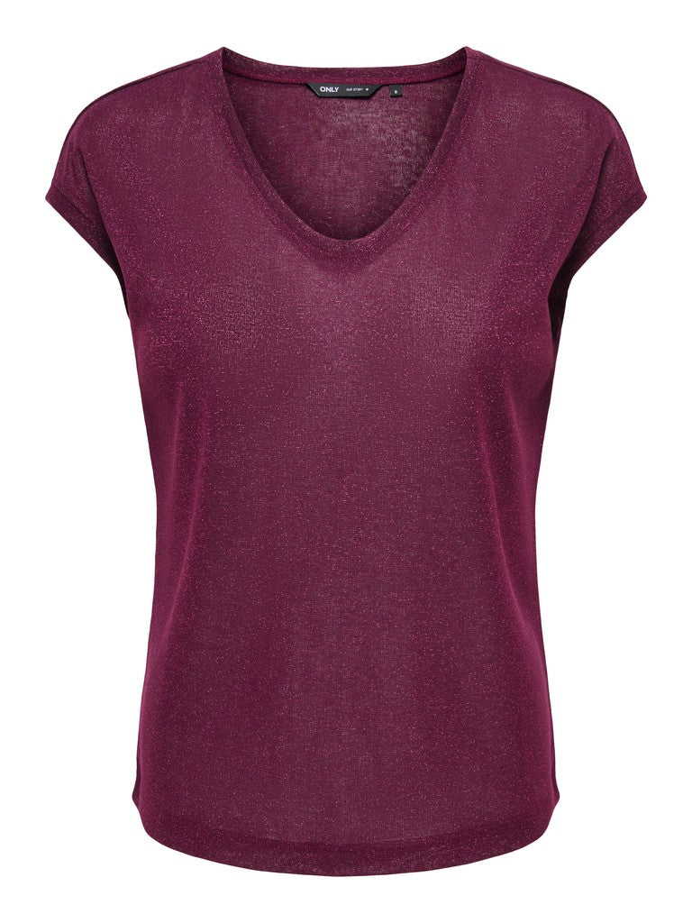 Onlsilvery S/s V Neck Lurex Top Jrs Noos - Bordeaux