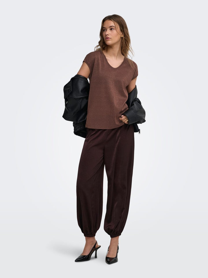 Onlsilvery S/s V Neck Lurex Top Jrs Noos - Bordeaux