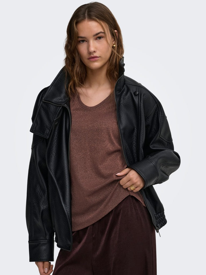 Onlsilvery S/s V Neck Lurex Top Jrs Noos - Bordeaux