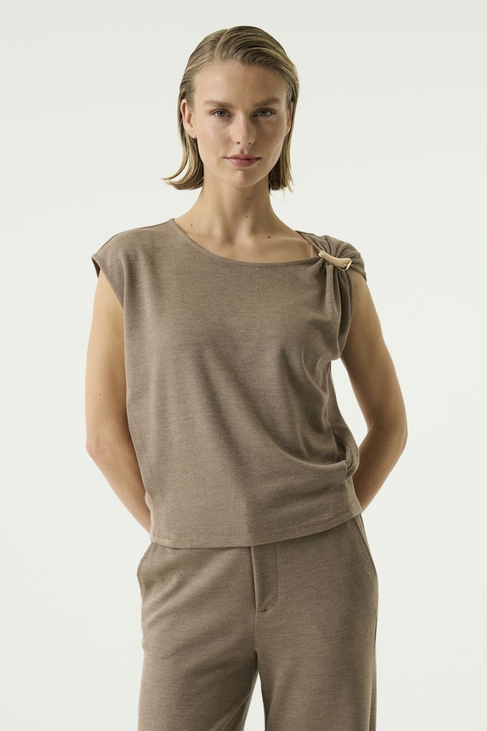 Garcia Taupe Kleur Top Met Korte Mouwen - Taupe