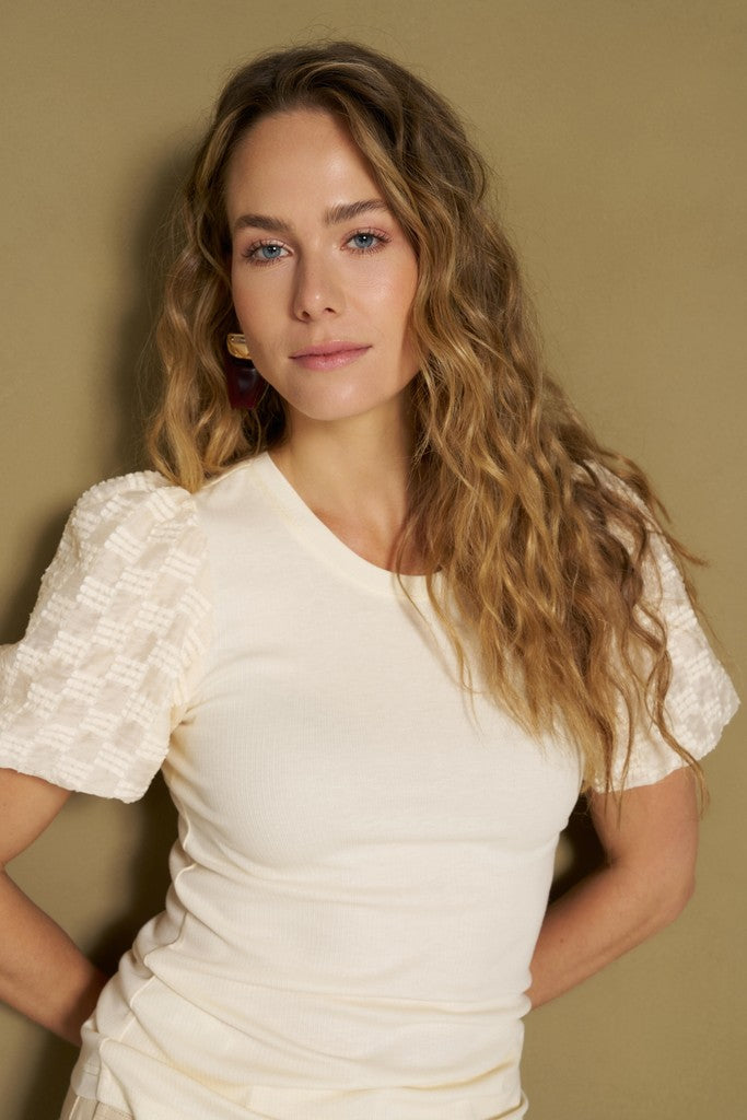 Top Haya - Constrast Puff Sleeve - Off-white