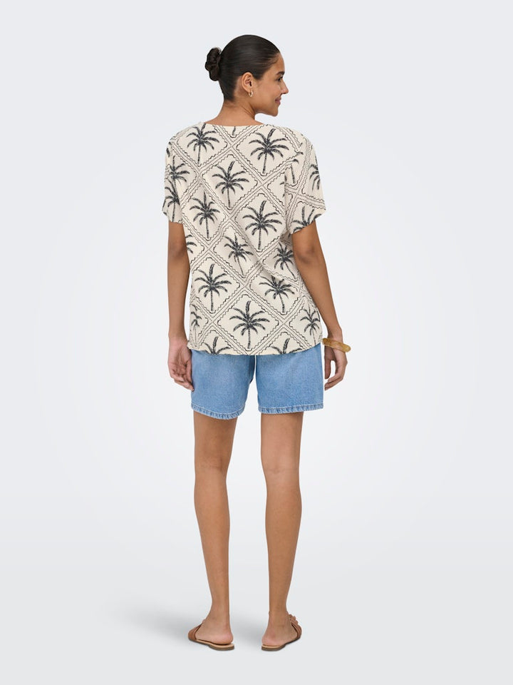 Jdygaby Life S/s V-neck Top Wvn - Ecru Dessin