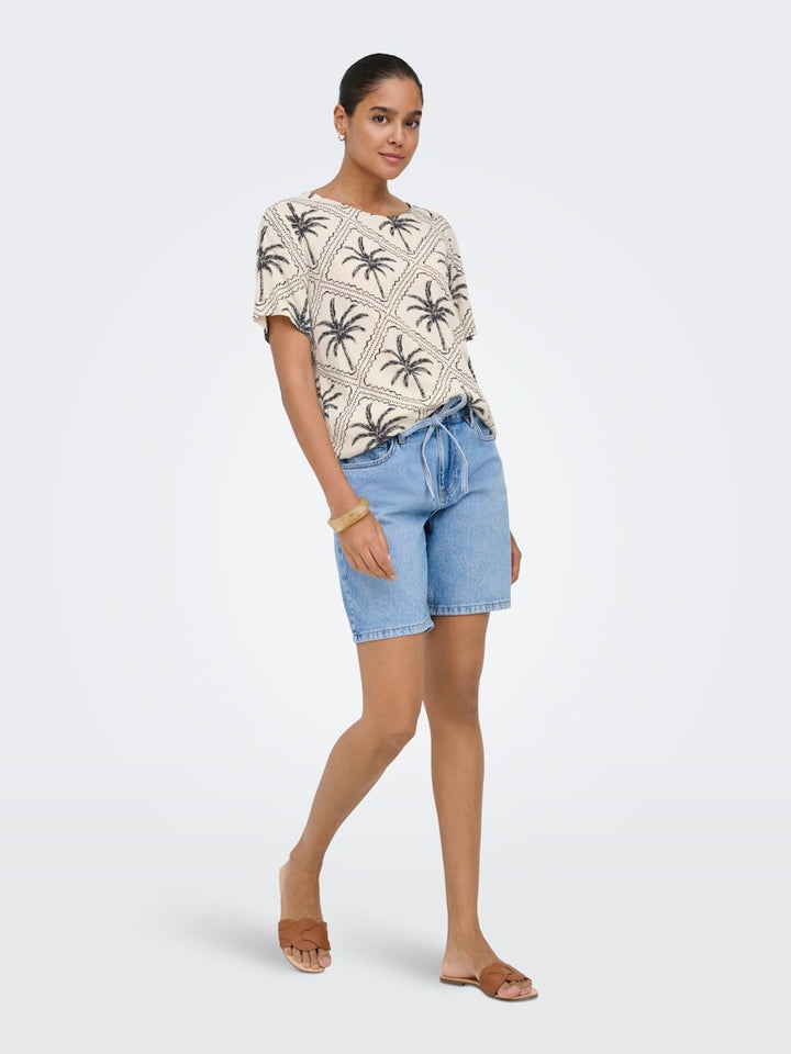 Jdygaby Life S/s V-neck Top Wvn - Ecru Dessin