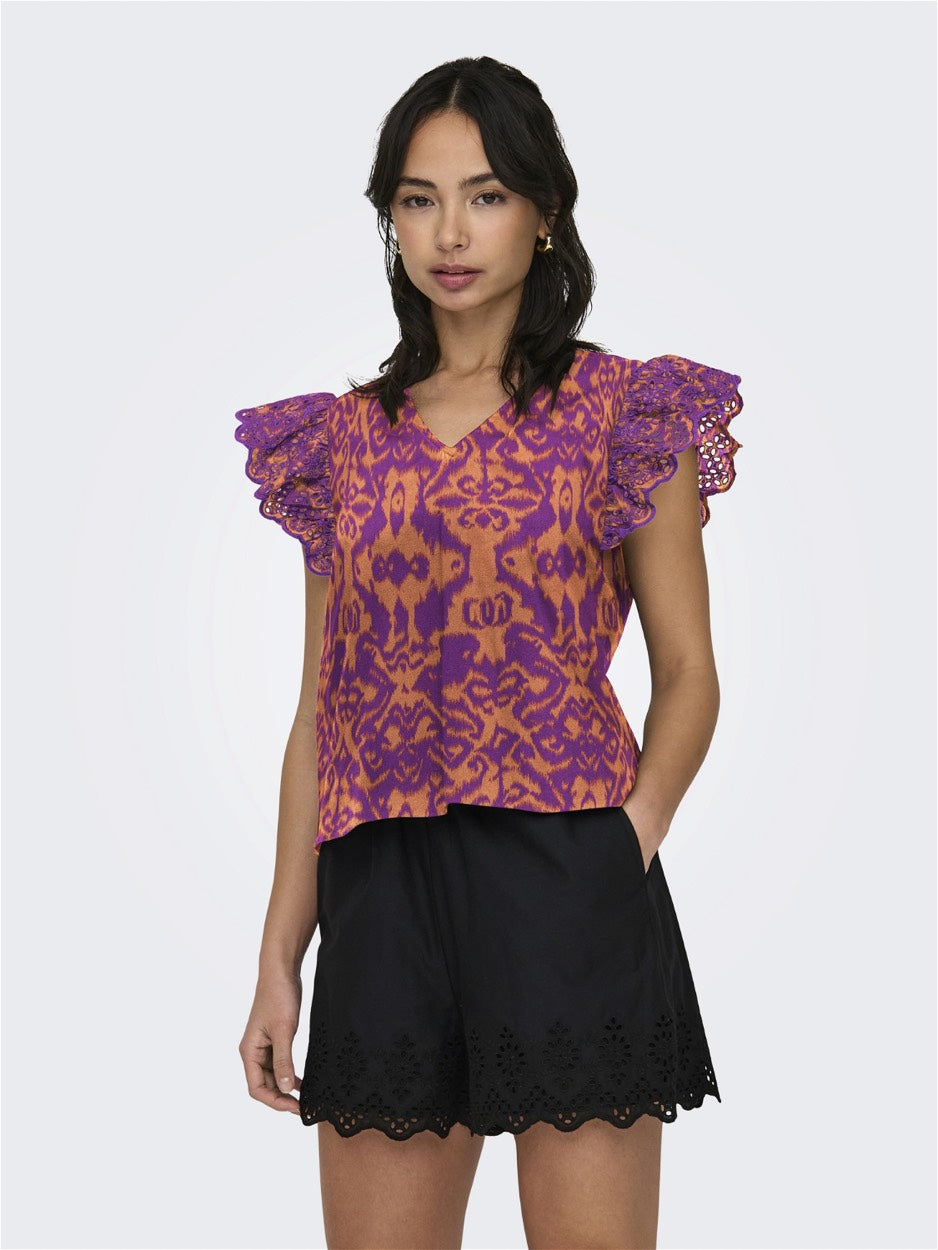 Onllou Emb S/s Frill Top Ptm - Oranje Dessin