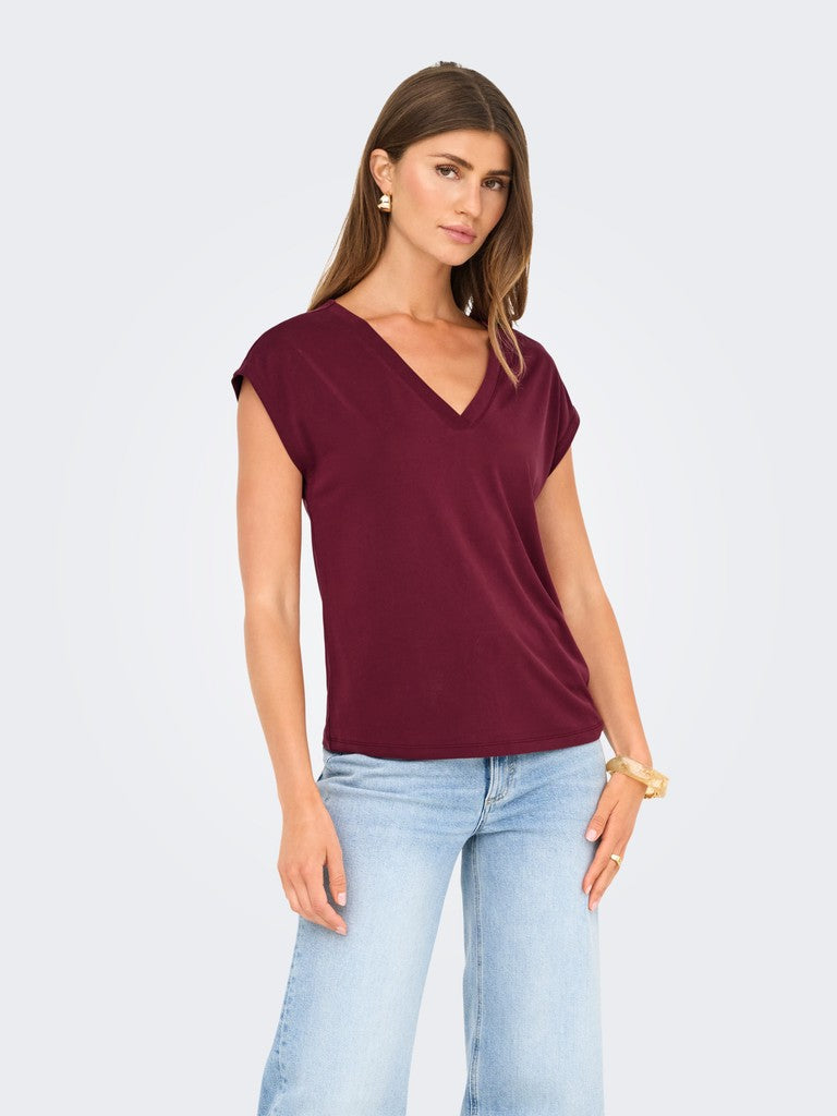 Onlfree S/s Mod.v-neck Top Jrs Noos - Bordeaux