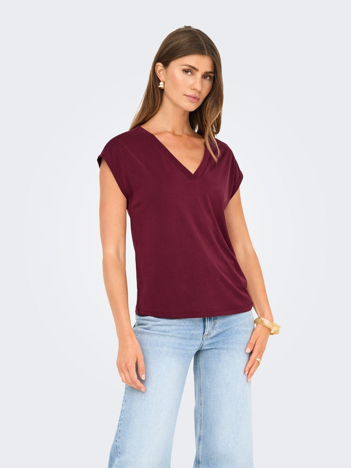 Onlfree S/s Mod.v-neck Top Jrs Noos - Bordeaux