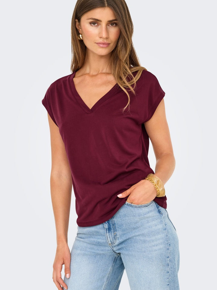 Onlfree S/s Mod.v-neck Top Jrs Noos - Bordeaux