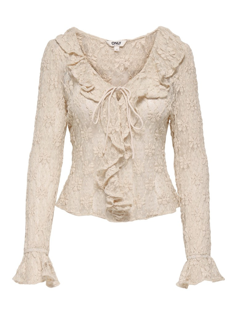Onlpearlina Ls Ruffle Lace Top Wvn - Ecru
