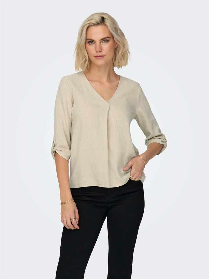 Jdysay 3/4 Linen V-neck Top Wvn Dia - Beige