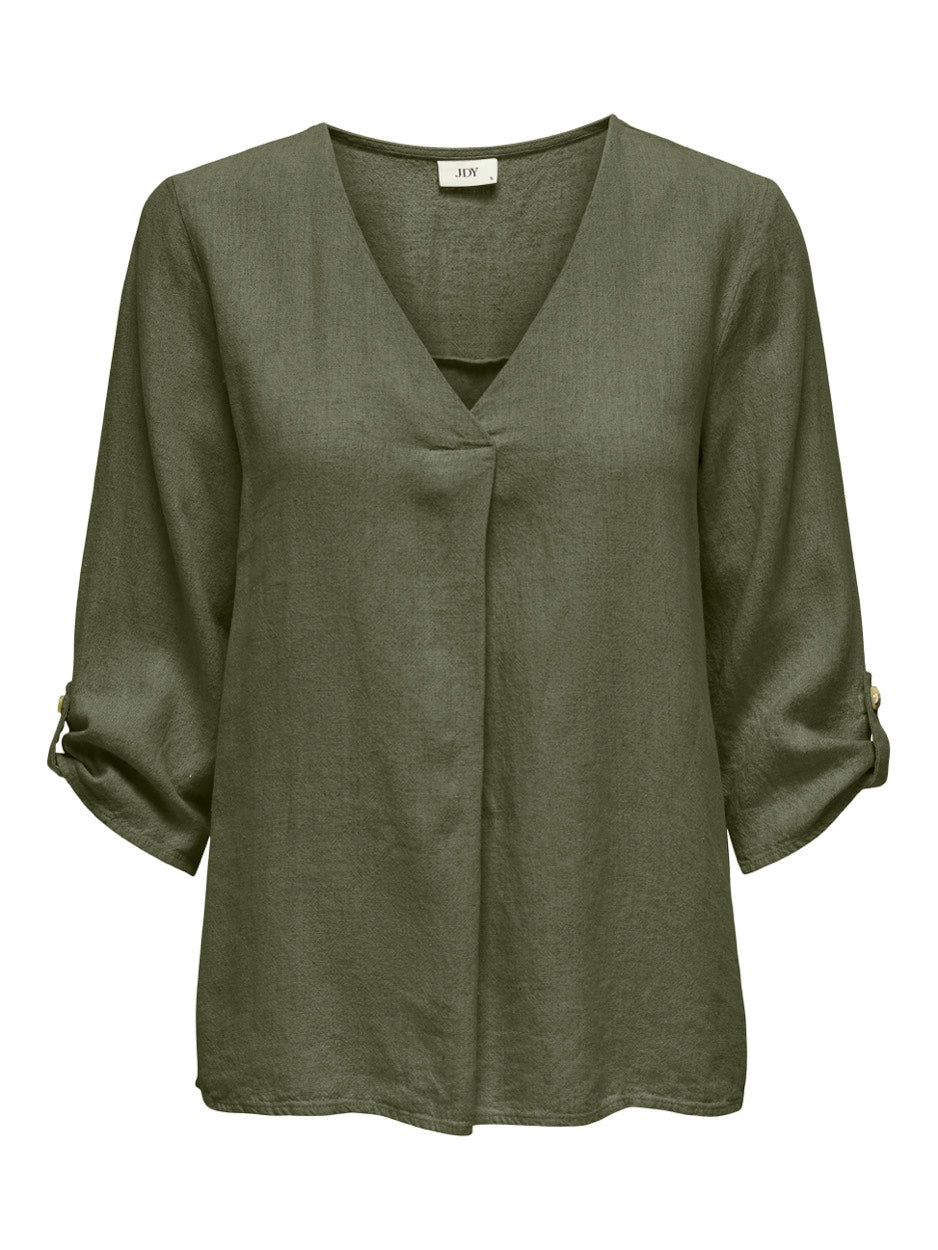 Jdysay 3/4 Linen V-neck Top Wvn Dia - Army