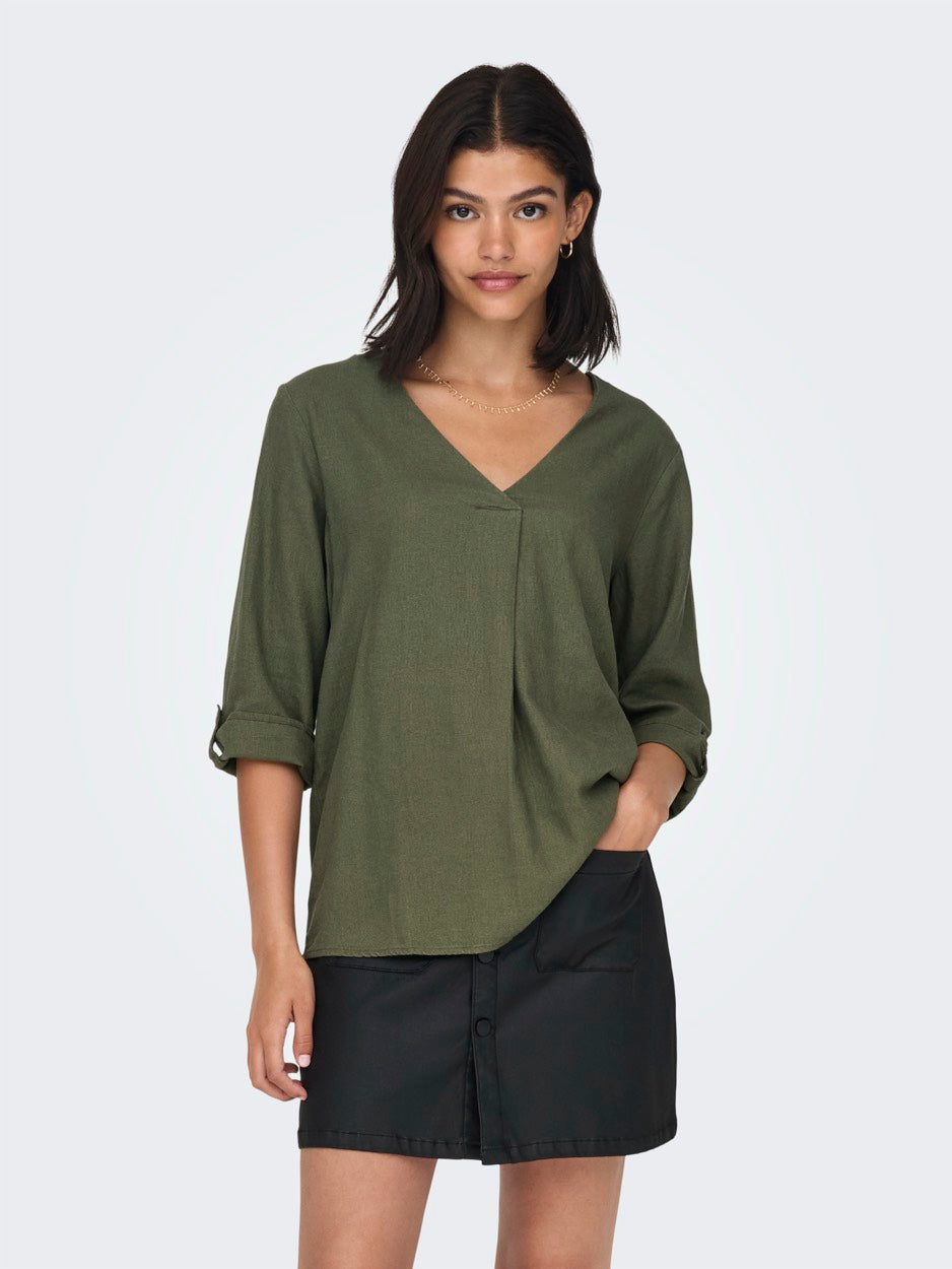 Jdysay 3/4 Linen V-neck Top Wvn Dia - Army