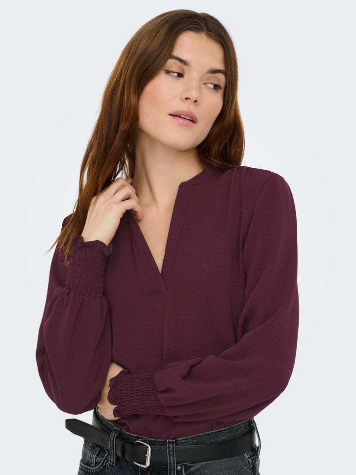 Onlmette V-neck Ls Smock Top Noos Wvn - Wijnrood