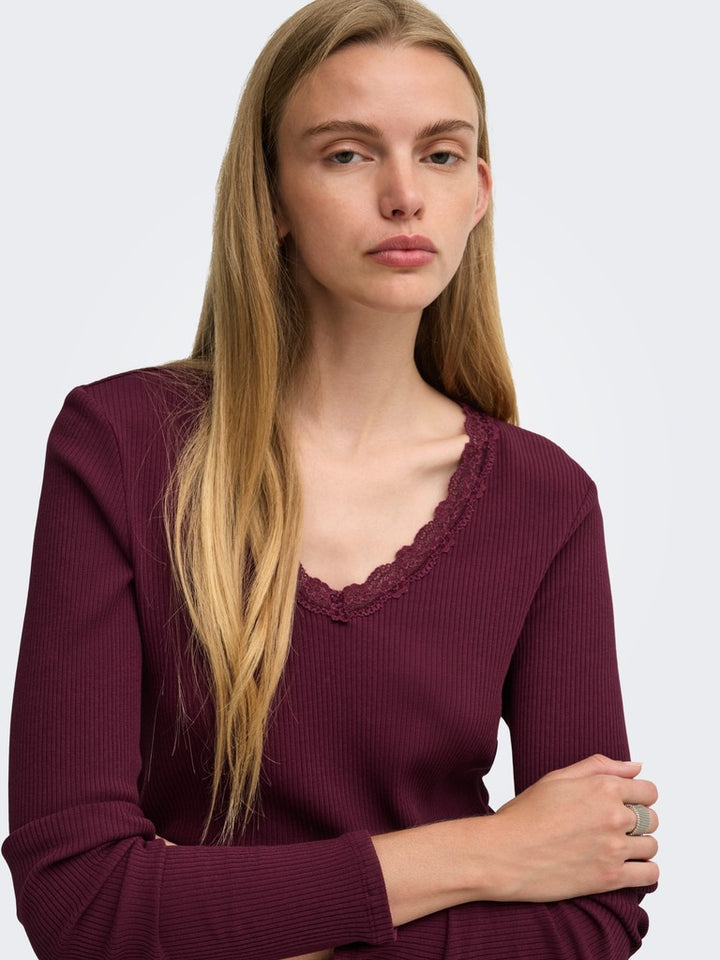 Onlsara Sharai L/s V-neck Top Jrs - Bordeaux