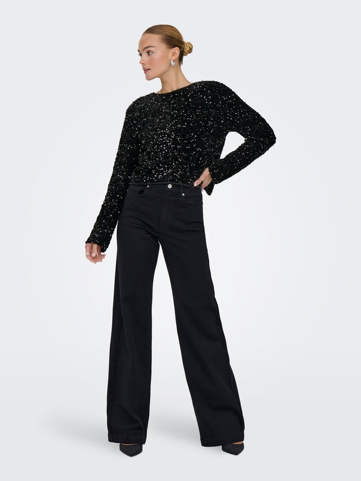 Onlanika Sequins Ls Bow Top Wvn Cs - Zwart