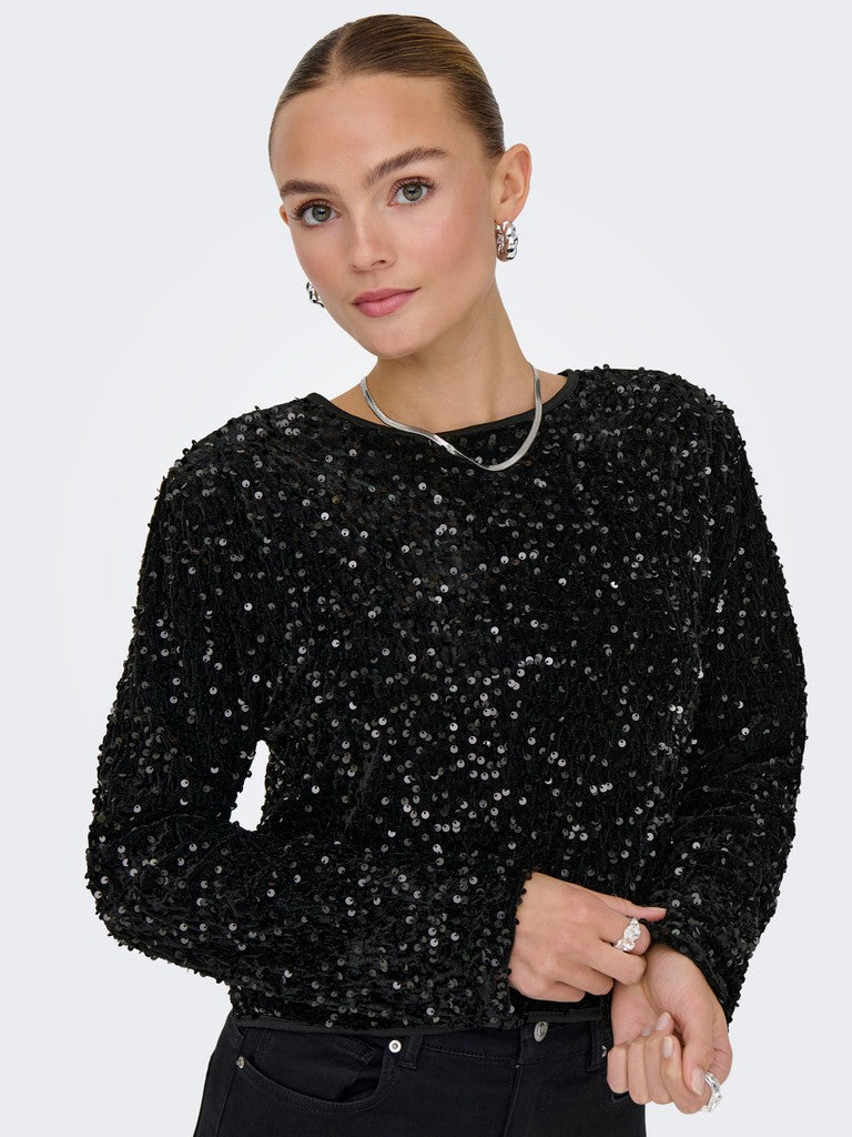 Onlanika Sequins Ls Bow Top Wvn Cs - Zwart
