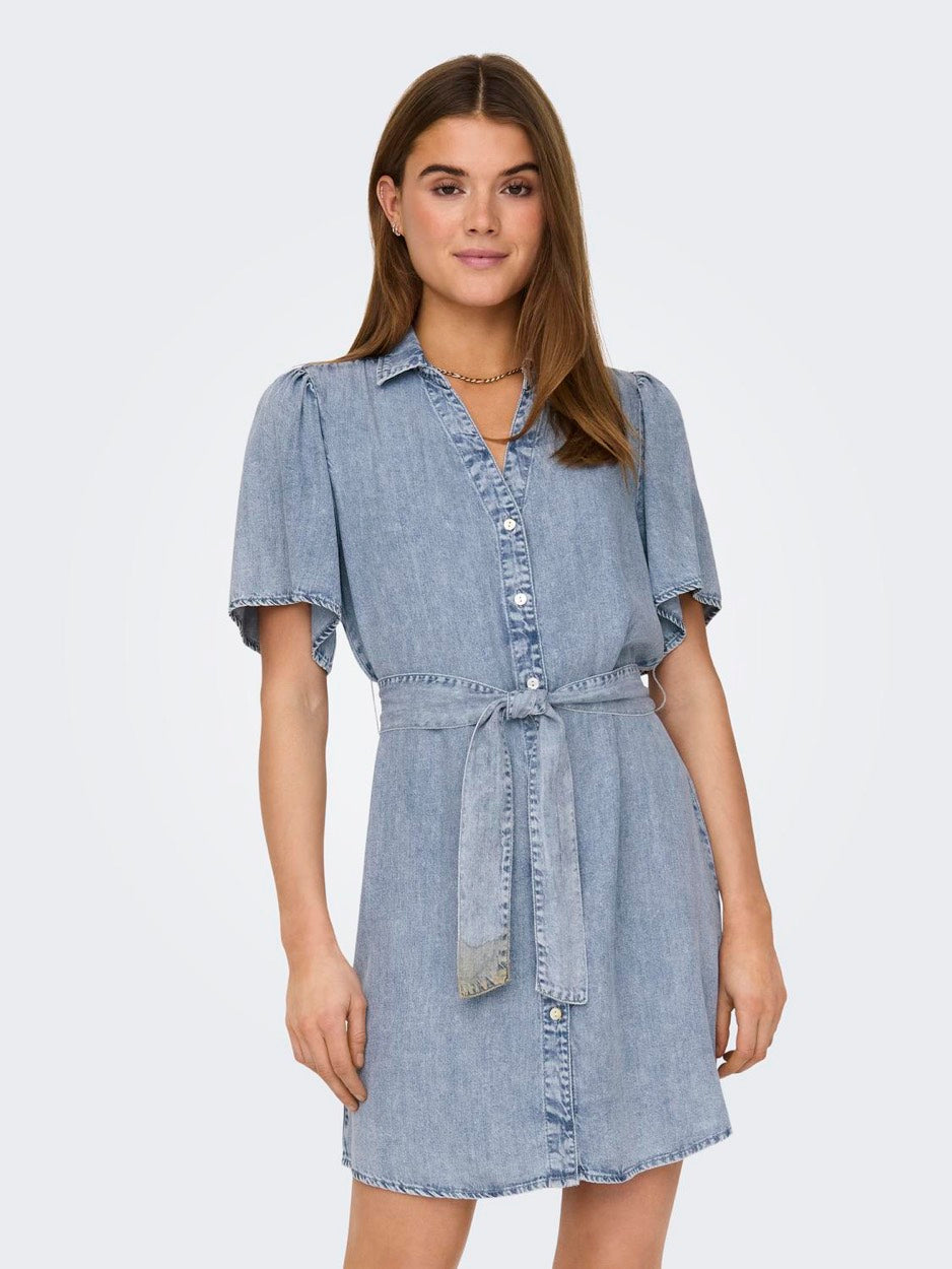 Onlhelena Ss Belted Dnm Dress Qyt - Blue Denim