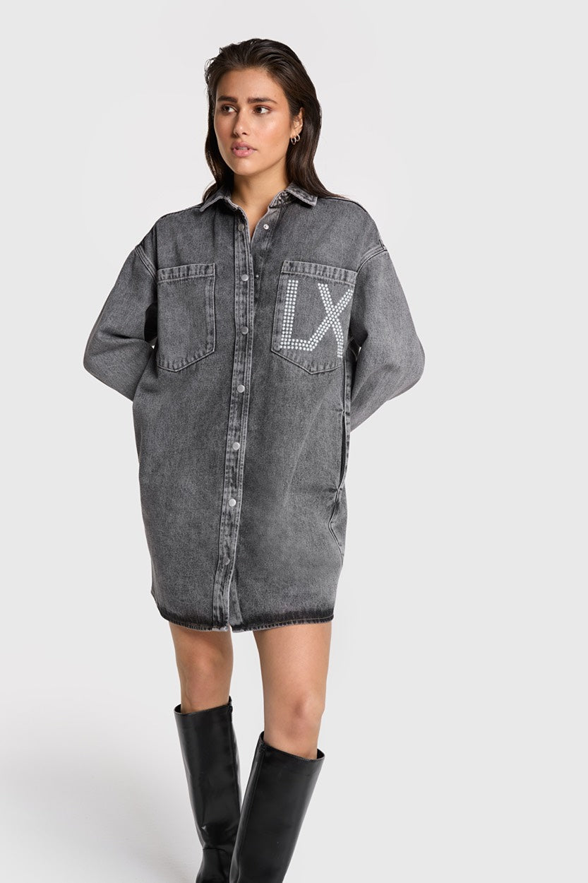 Ladies Woven Vintage Denim Pearl Dress - Grey Denim