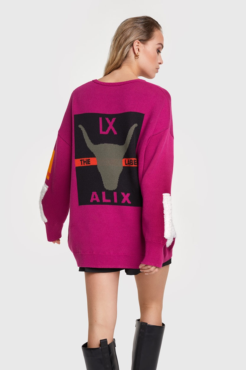 Ladies Knittet Artwork Pullover - Fuchsia