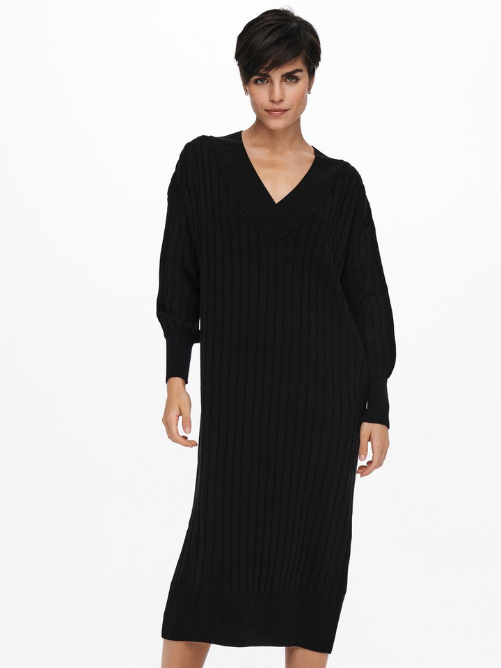 Onlnew Tessa L/s Midi V Dress Knt N - Zwart