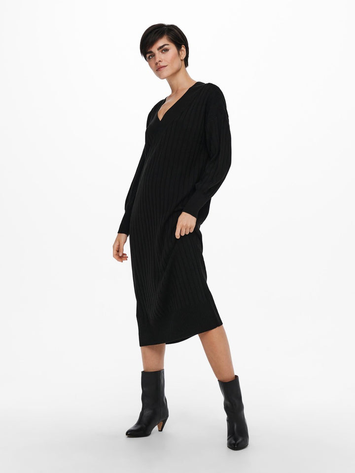 Onlnew Tessa L/s Midi V Dress Knt N - Zwart